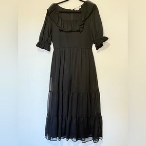 Ivy City Co Black Smocked Midi Dress Puff Sleeve Romantic Cottagecore Size L